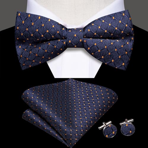 Image of Hi-Tie Bow Tie Men Pre Tied Bowtie Pocket Square Cufflinks Lapel Pin Formal Wedding Bow Ties for Men Party Tuxedo Bowtie Set,Blue Gold Plaid