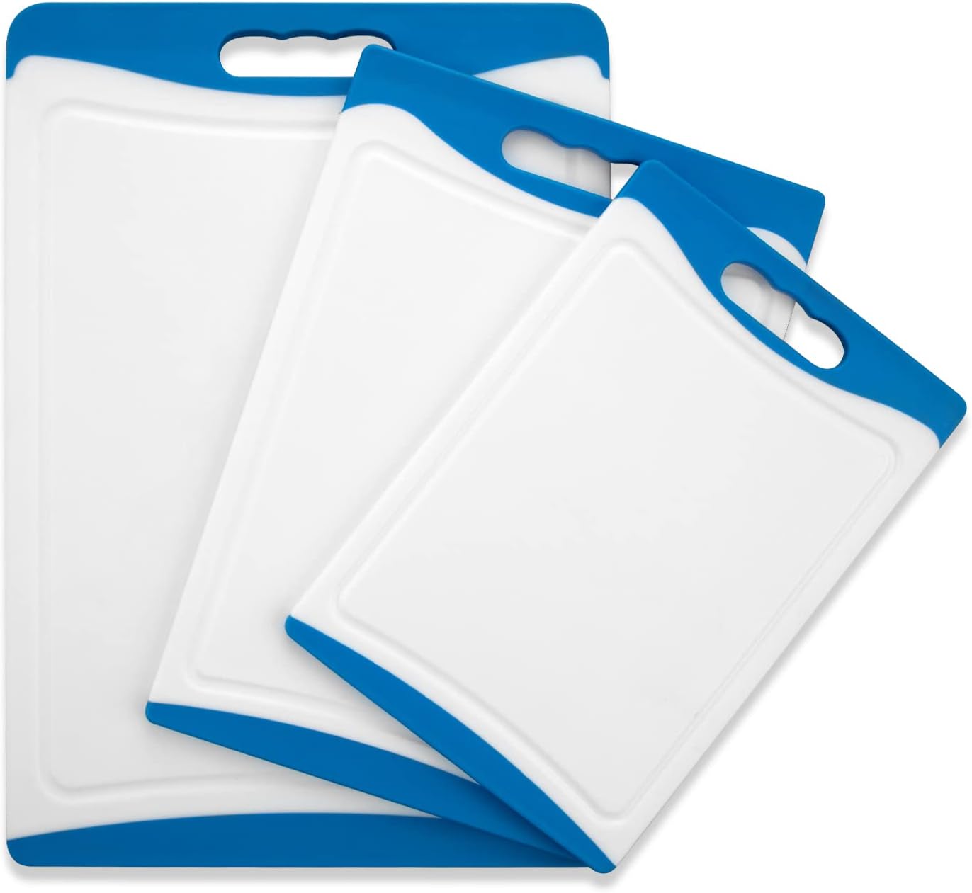 Cibeat Cutting Boards for Kitchen Set of 3, Extra Large Plastic Cutting Board Set, Dishwasher Safe Chopping Boards With Juice Grooves, Easy Grip Handle, Non-Slip (White and Blue)