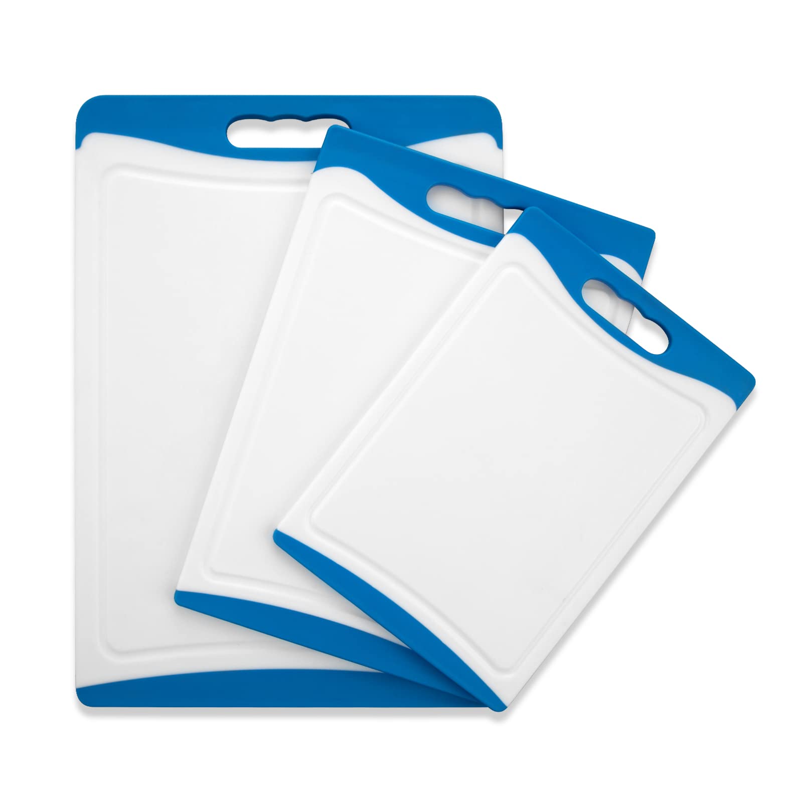 Cibeat Cutting Boards for Kitchen Set of 3, Extra Large Plastic Cutting Board Set, Dishwasher Safe Chopping Boards With Juice Grooves, Easy Grip Handle, Non-Slip (White and Blue)