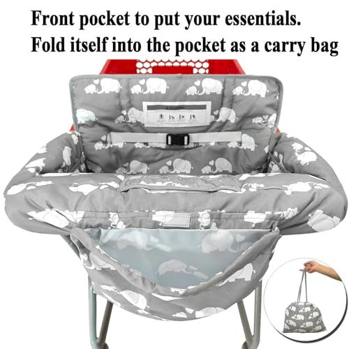 2-in-1 Shopping Cart and High Chair Cover for Baby, Padded Cover, Fold'n Roll Style, Portable with Carry Bag (Gray Elephant)