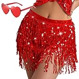 Women's Sequin Fringe Skirt Sparkle Tassel Skirts Belly Dance Hip Scarf for Women and Girls Festival Party Rave Costume (Red) -  Domkier