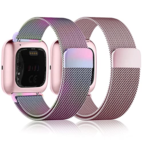 Fengyiyuda Zestaw 2 zapasowych bransoletek kompatybilnych z Fitbit Versa/Versa 2/Versa Lite, metalowa siatka ze stali nierdzewnej, damska bransoletka męska z magnesem, kolorowa + różowa, duża