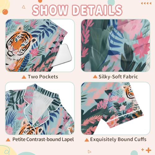 senya Flower Garden Tiger Satin Summer Pajama Sets Silk Short Sleeve Button Down Sleepwear3