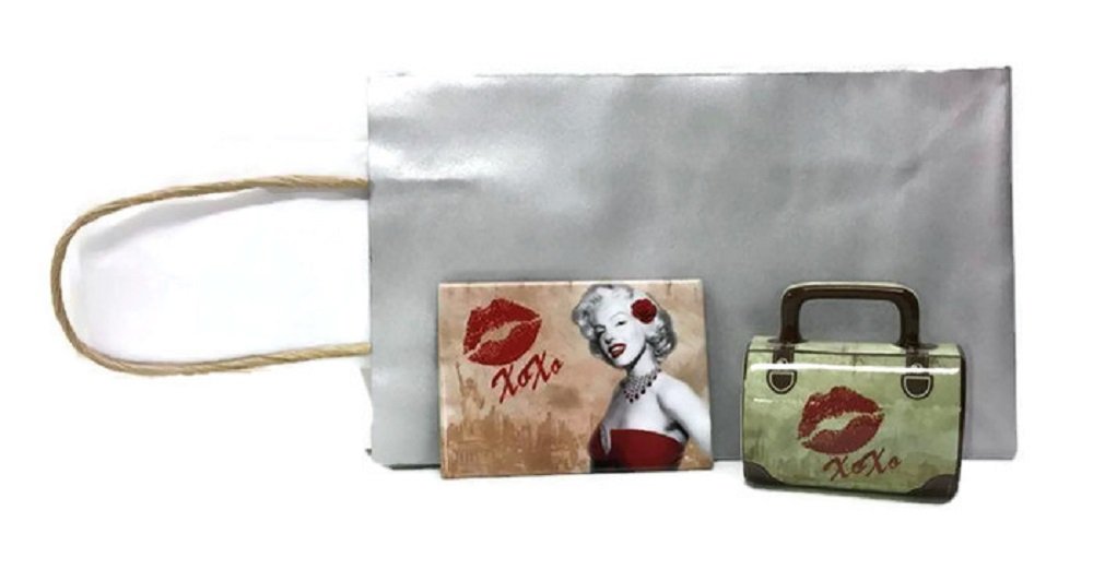 Hollywood Bombshell Marilyn Monroe Mug Suitcase Purse Shot Glass and Refrigerator Magnet with Gift Bag and Tissue Paper 4 Pc Bundle