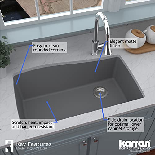 Karran Undermount Quartz Composite 33 in. Single Bowl Kitchen Sink & Color Matched Basket Strainer in Grey