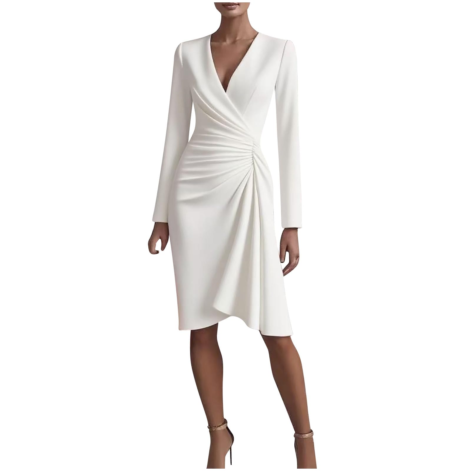 Womens Long Sleeve Wrap V Neck Ruched Midi Dress Knee-Length Elegant Business Dresses for Work Formal Cocktail Office