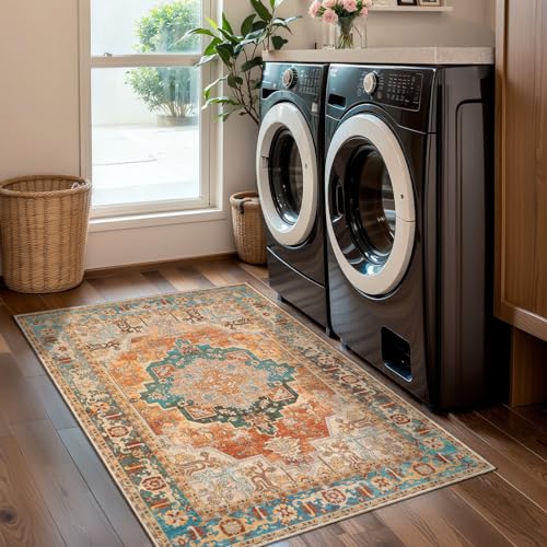 Image of Tangsoo 2x3 Washable Rugs for Entryway, Vintage Non Slip Small Rug Orange