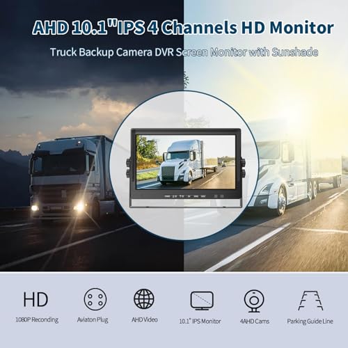 Image of AHD Truck Backup Cameras with Monitor, 10.1'HD Quad Split Screen Monitor 4 Cameras 1080P Backup Camera for Trucks Trailer RV Bus Travel