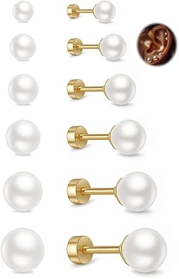 Small Pearl Stud Earrings for Women, 6 Pairs Hypoallergenic Flat Back Silver Pearl Studs Set 4-9MM, Surgical Stainless Steel Stud Earrings Sets for Multiple Piercing