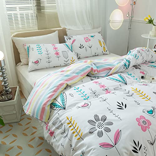 Amwan Floral Printed Bedding Sets Queen Floral Duvet Cover Girls Cotton Comforter Cover Full Size Garden Aesthetic Bedding Sets Reversible Striped Duvet Cover 3 Piece Full Bed Boho Comforter Cover #TOP4