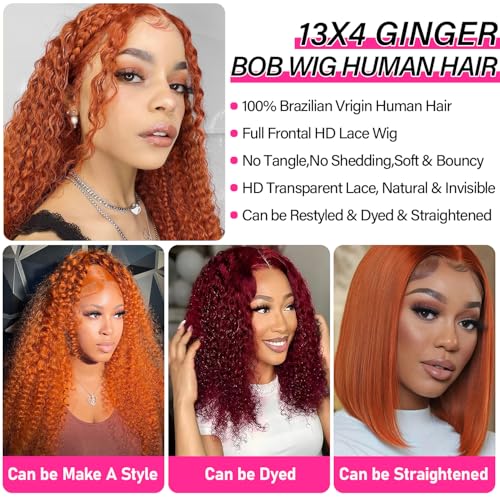 Image of SOEZ 14 Inch Ginger Bob Wig Human Hair 13x4 HD Deep Wave Lace Front Wigs Human Hair 350 Burnt Orange Short Curly Bob Wig Copper Water Wave Human Hair Wig 180% Density Wet Wavy Colored Wig for Women