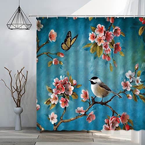 Watercolor Floral Bird Shower Curtain Vintage Peach Blossom Cherry Blossom Butterfly Pink Flowers Petal Bouquet Blue Background Asian Style Bathroom Curtains Set Polyester Bath Fabric Included Hooks #TOP2