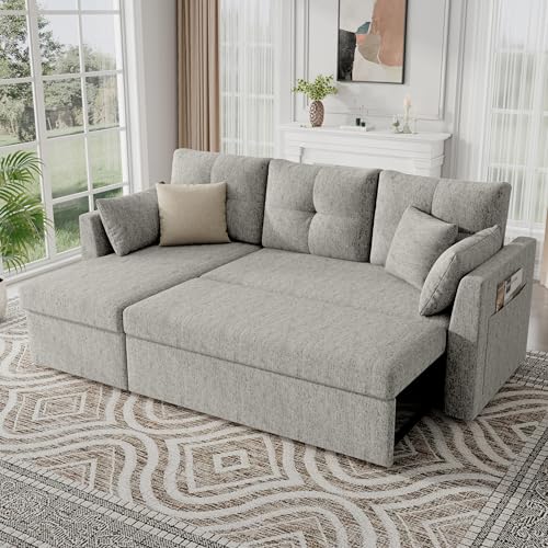 Image of Huatean Home Sleeper Sofa Couch, 2 in 1 Sectional Sleeper Couch Bed with Side Pocket, Pullout Sofa Bed with Storage Chaise for Living Room, Light Grey