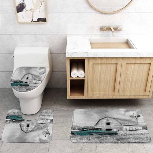 Vintage Farm Truck 3 Pcs Bath Rugs Set,Rustic Wooden Barn Old Antique Car Farmhouse Windmill American Country Bathroom Kitchen Rug with 17.8