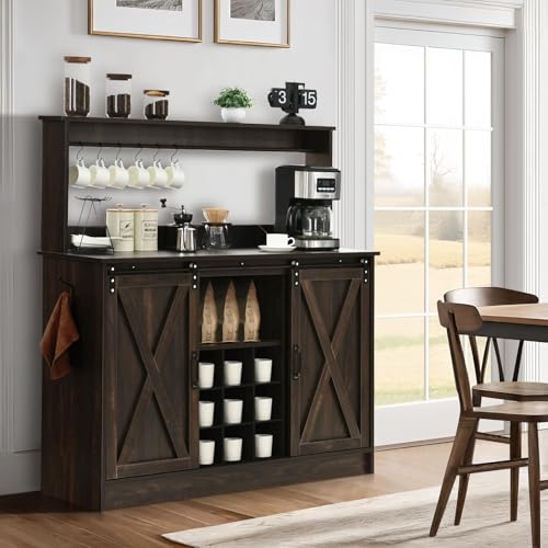 4ever2buy Farmhouse Coffee Bar Cabinet with 6 Hooks, 47 Inch Coffee Bar Hutch with 9 Wine Racks, Wine Bar Cabinet with Sliding Barn Door and Adjustable Shelves for Dining Living Room, Dark Oak - Image 7