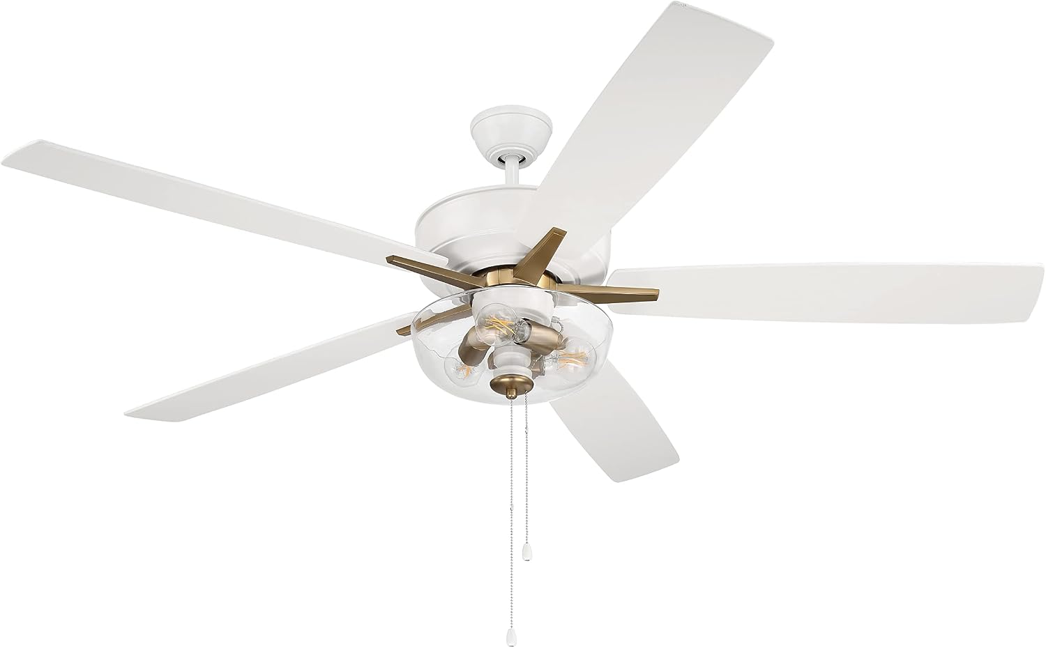 Craftmade 60" Super Pro Ceiling Fan in White/Satin Brass Finish, Reversible White/Washed Oak Blades, Integrated Light Kit, Heavy Duty 3-Speed Reversible Motor, S101WSB5-60WWOK