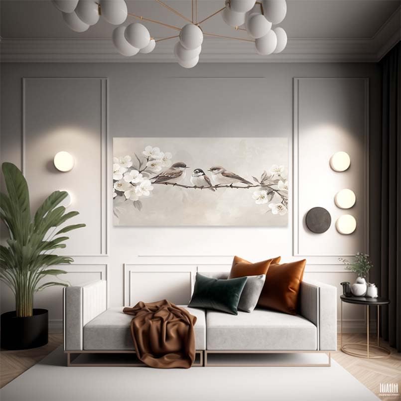 Tableau moderne d'oiseaux sur fleurs grand format 65 x 130 cm - 4