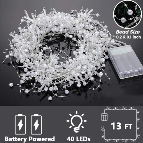 OVV Christmas Decorations 13FT Pearl Garland String Lights 40LED Festive Lighted Berry Beaded Indoor Bedroom Decor Warm Lights for Wedding Valentine's Day Party Battery Operated - image 2