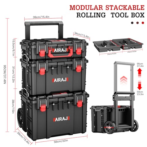 Image of 3 Tier Rolling Tool Box Heavy Duty,Stackable Tool Box with Wheels,Modular Storage System with Removable Parts Box,All-terrain Waterproof Toolbox,Telescopic Pull Rod,for Professional Work,Garage