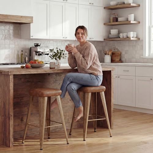 Image of Yongchuang 26 inch Bar Stools Set of 4 Upholstered Backless Counter Height Stools with Metal Legs PU Leather Modern Farmhouse Kitchen Island Barstools Walnut Brown