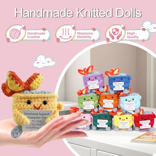 Image of RovyFota Emotional Support Crochet Dumpster Fire with Positive Card Cute Room Decor Knitted Toys Funny Crochet Support Buddies Gifts for Friends (9pcs Mix)