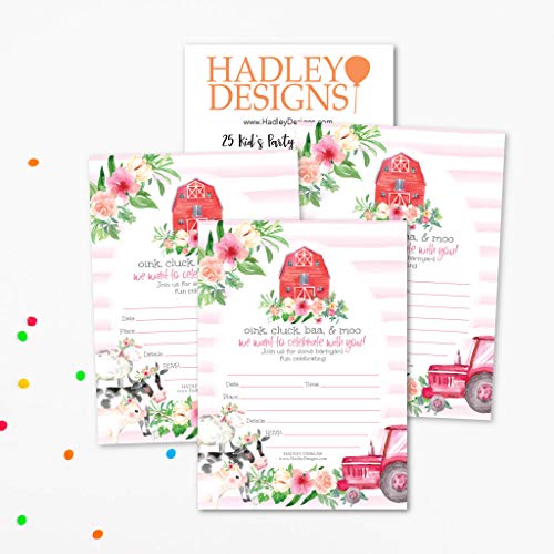Image of Hadley Designs Kids Birthday Invitations For Boys and Girls Barnyard Theme - 25 Farm Animals Birthday Party Invitations For Boys, Tractor Barn Invites For Girls, Cute Ranch Party Supplies, Made In USA
