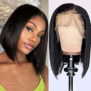 Bob Wig Human Hair 13×4 Lace Front Wigs Human Hair Straight Wear and Go Glueless Wig for Black Women Human Hair Bob Wig Pre Plucked Perruque Femme Humain Naturel Black Wig 150% Density 10 Inch