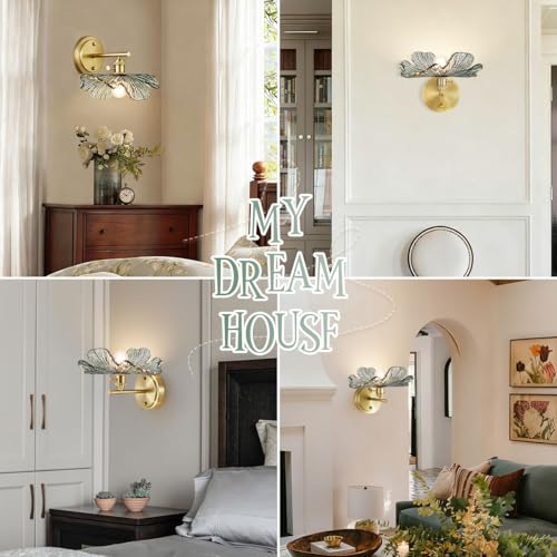 Image of Vintage Bathroom Vanity Light Set of 2 with Dark Green Flower Glass | Art Deco Wall Sconces, Gold Living Room Hallway lighting fixtures, 110V E26 Brass, Supports dimmable bulbs, Easy to install