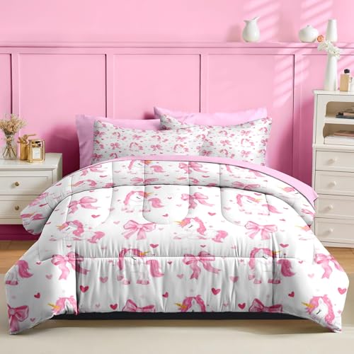 Image of Nesker Bow Comforter Set Twin Size, 5 Pieces Bed in a Bag, Pink Bow Bedding Set for Girls, Cartoon Unicorn Comforter Set with 1 Pillowcase & 1 Sham