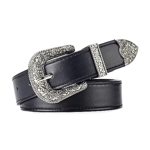 JK Home 108cm Ceinture Vintage Femme Homme avec Carved Gravure Boucle en Métal Western Cow-boy Faux Cuir 2.8cm de Large pour Pantalon Cow-girl Style Argenté...