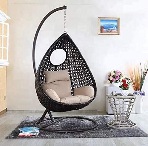 Image of Single Seater Egg Swing Chair with Stand & Cushion Outdoor Indoor Balcony Garden Patio,Powder Coated Frame,UV Protected Wicker (Black Beige)