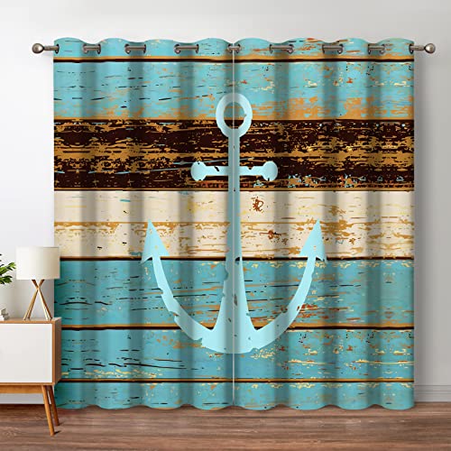 Jekeno Nautical Anchor Blackout Curtains Nautical Anchor on Vintage Wooden Board Home Bedroom Living Room Decor Grommet Window Drapes 2 Panel Set, 52