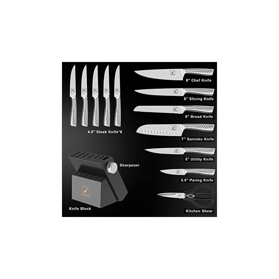 imarku Knife Set, 14PCS Knife Sets for kitchen with block, One-Piece Kitchen Knife Set with Built-in Sharpener, Stainless Steel Chef Knife Set with Lightning Stripes Handle, Dishwasher Safe(Black)