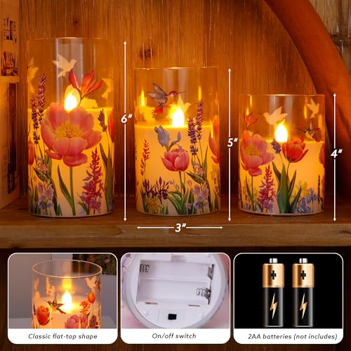 Image of Glass Flameless Candles with Remote, Hummingbird Floral Battery Operated Candles, Flickering LED Pillar Candle for Wedding, Home, Party Gift, Set of 3