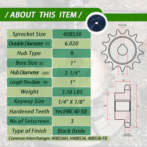 Image of #40 Roller Chain Sprocket 36 Tooth 1 inch Bore (1 /4 inch Keyway) Black Oxide Rust-Proof with 3 Set Screws for Go-Kart Mini Bike ATV Tractor Conveyor, Hardened 1045 Steel 40BS36-1