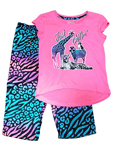 Joe Boxer Girls Just Chillin Animals Glitter 2 Piece Pajama PJ Set Small (6/6X) Pink