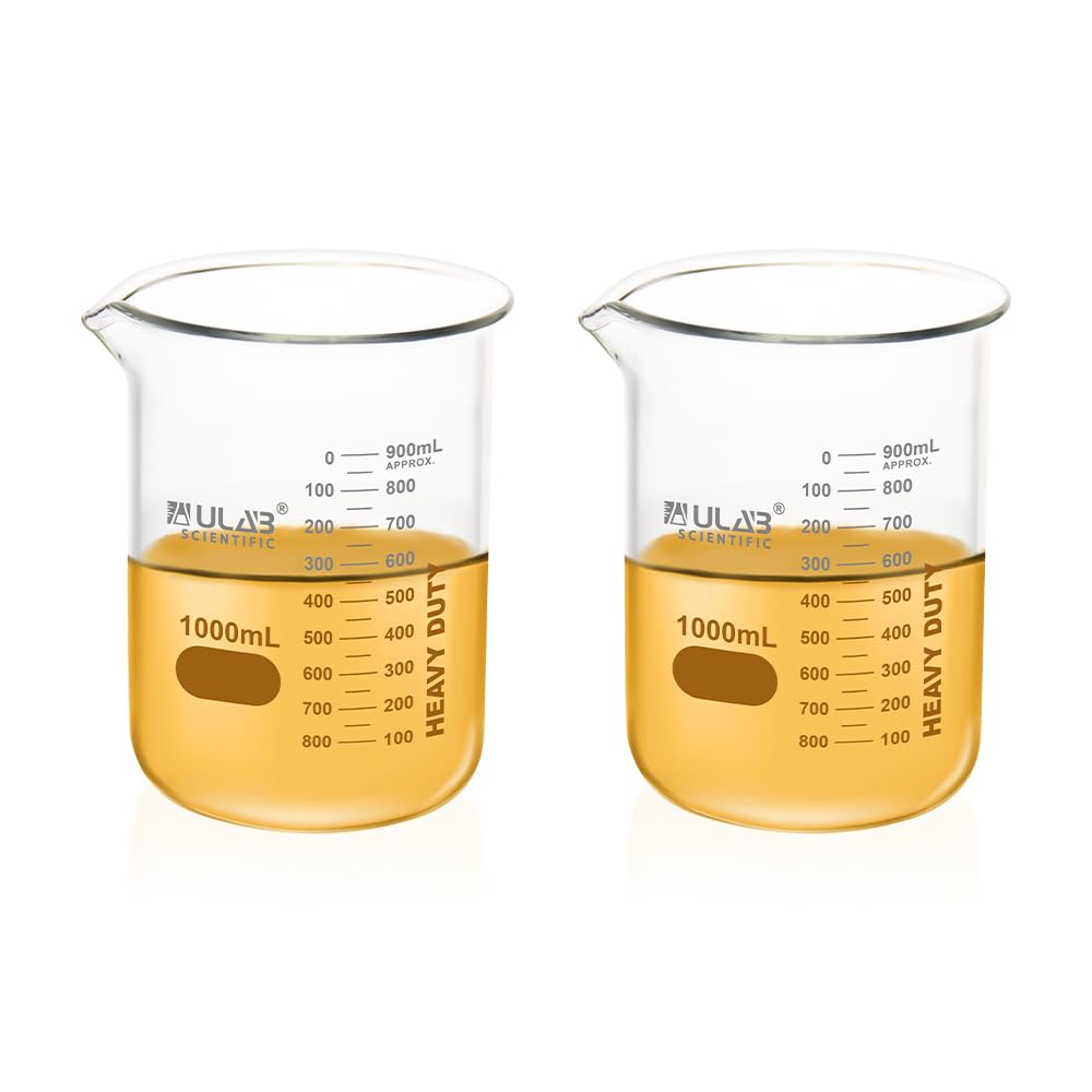 ULAB Scientific Glass Beaker Set, Vol. 1000ml, 3.3 Borosilicate Griffin Low Form with Printed Graduation, Pack of 2, UBG1017