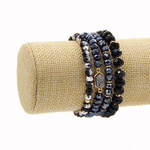 Image of Gold Beaded Bracelet Set, Square Stone Hexagon Druzy Stretch Beaded Stackable Bracelets Bangles
