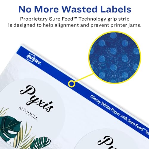 Image of Avery Glossy White Labels, Sure Feed Technology, 3 inch Round Labels, Print-to-The-Edge, Laser /Inkjet, 60 Count (22891) (Pack of 5)