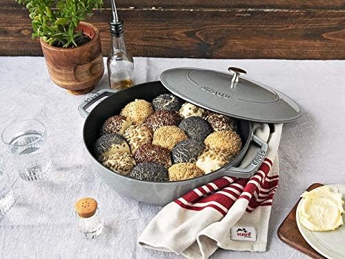 Staub Braiser 28cm Grey 3.7L Cast Iron Material Matte black inner enamel. Lid with Aroma Rain Structure. Suitable for all types of hobs, incl. induction. Ovensafe. Grill Safe.