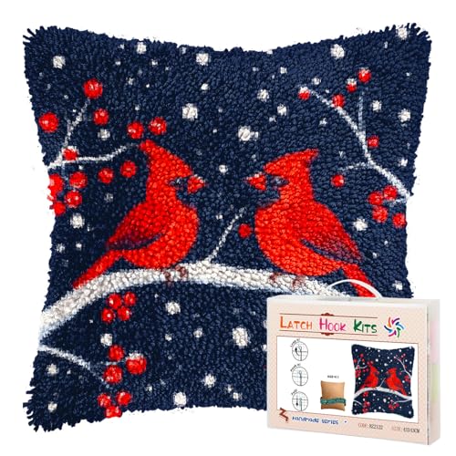 Image of DIY Latch Hook Pillow Kits for Adults Merry Christmas Red Cardinal Birds Pillow Cover Printed Pillowcase Crochet Yarns Hooking Handmade Cushion for Home Sofa Decoration 17x17inch(25)