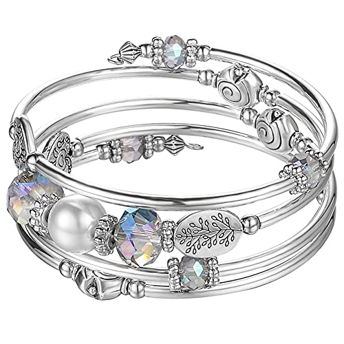 PEARL&CLUB Bead Crystal Wrap Bangle Bracelet - Fashion Jewelry Beaded Bracelet with Silver Metal, Gifts for Women, 9 inch, Crystal Glass Metal