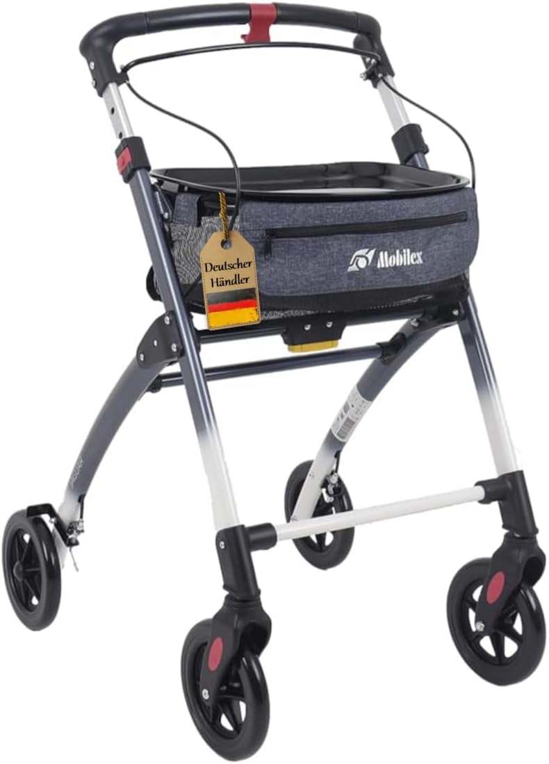  FabaCare Indoor Rollator Jaguar, schmal mit Tablett, Leichtgewicht Wohnungsrollator faltbar, Heimrollator, bis 100 kg, Blaugrau/Weiß