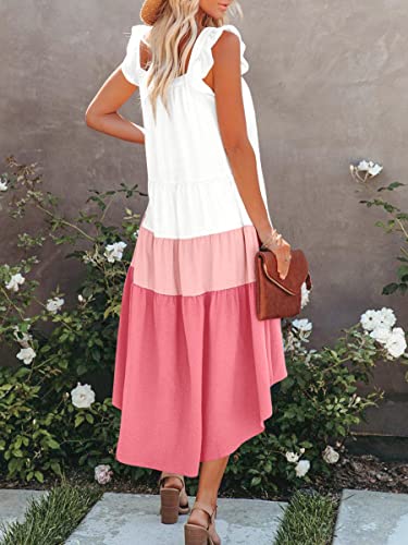 Prinbara Women Summer Casual Babydoll Dress With Pockets Colorblock Ruffle Sleeve High Low Hem Flowy Party Midi Dresses 5Pa06-Baimeihongfenhong-M #TOP4
