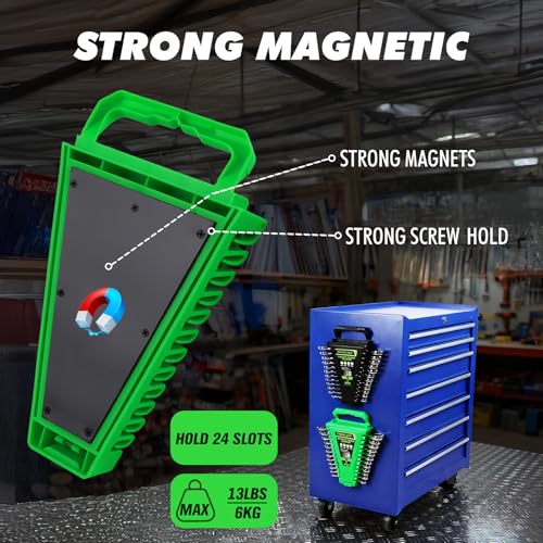 Image of 2-Piece Magnetic Wrench Organizer, Metric & SAE Portable Plastic Wrench Holder, 24-Slot Total, Foldable Carrying Handle for Wall-Mounted, Easy-Open Lock Cover, Wrenches Storage Rack Tool for Tool Box