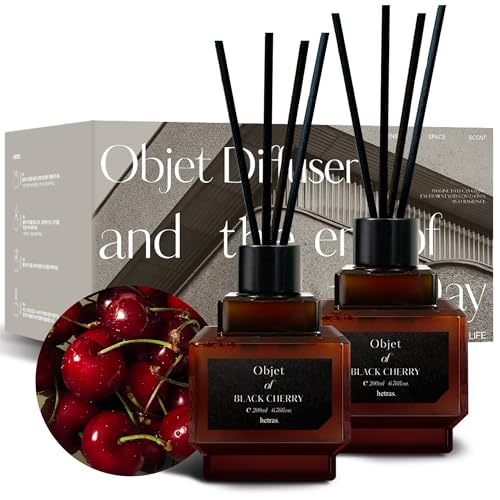 hetras Objet Diffuser Gift Set 6.7 fl.oz. 2 Pack | Black Cherry Scent | Long-Lasting Scented Room Fresheners with 8 Reed Sticks for Home Fragrance Bedroom Bathroom Shelf Décor