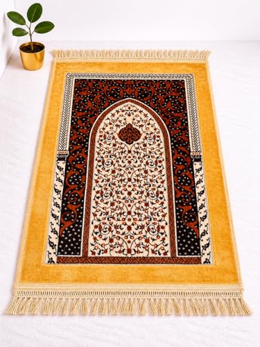 Image of Janamaz Prayer Mat Turkey Soft Velvet | Namaz Mat, Janimaz Namaz Aasan, Islamic Prayer Rug for Salah | 70x110 CM (Printed White3)