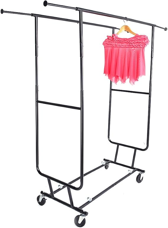 Alightup Portable Clothes Hanger Heavy Duty Steel Double-bar Garment Bar Rolling Rack Adjustable Rail Black Chrome Finish
