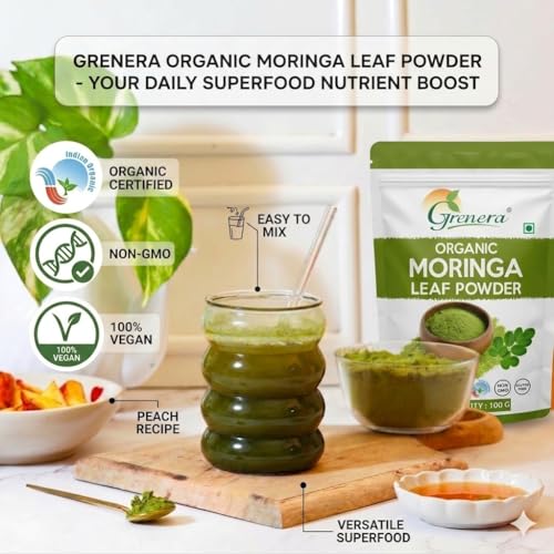 Image of Grenera Organic Moringa Powder 100g, Moringa Leaf Powder (Sahjan /Drumstick), Certified Organic, Pure Shigru Powder
