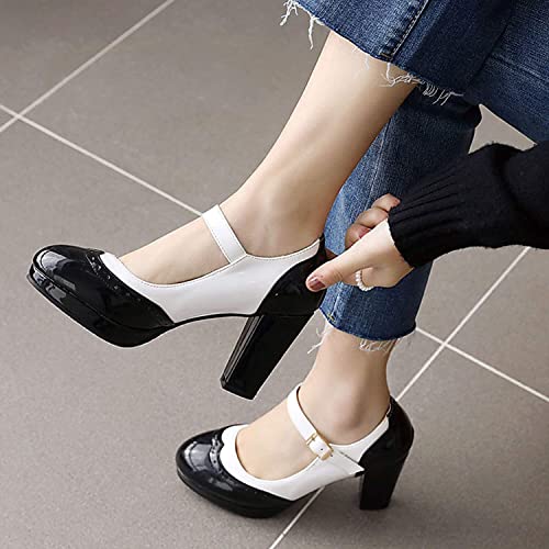 JINWEN Sapatos femininos bonitos de bico redondo Oxfords fivela tira Mary Janes salto alto grosso so